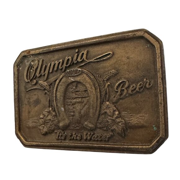 Vintage Olympia Beer Brass Belt Buckle Rectangular Design Embossed Detail Collec - Picture 5 of 11